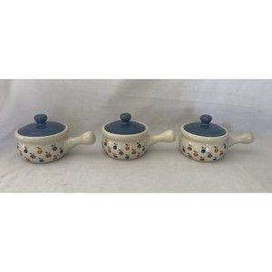 Soup Bowls New Avenues Orchard Apple with Handles Blue Top Set of 3 Vintage